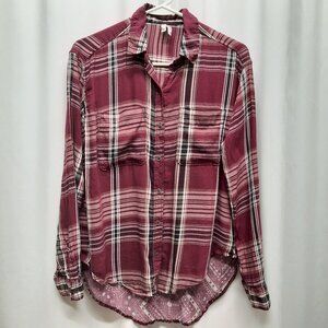 Mudd Women's Plaid Button-Down Shirt XS Burgundy Mixed Media Bandana Back Boho
